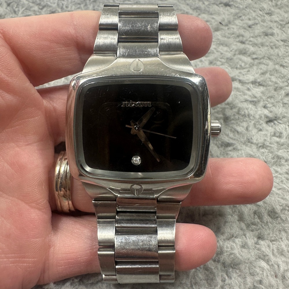 Nixon The Player Watch Mens Silver Stainless Steel Black Dial‎ Diamond Accent